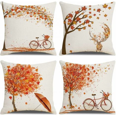 Juego de 4 fundas de almohada de 45 x 45 cm, decoradas con hojas de arce de color naranja otoñal, confeccionadas en algodón y lino, ideales para cojines de sofá, camas, dormitorios, sillas y jardines. (1/5)