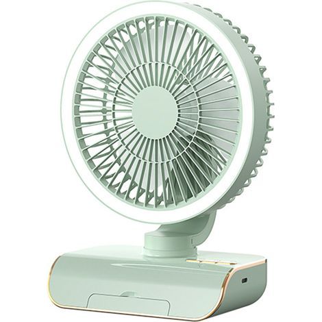Ventilateur Bureau Multifonction Rechargeable USB – Automatique, Éclairage Ambiant – 5 Vitesses, Télécommande – Base Support Téléphone – Vert (1/5)