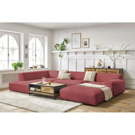 BOBOCHIC - Canapé panoramique fixe compact LAVENA tissu velours Angle droit Orange (1/5)