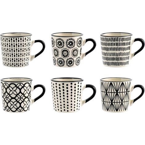 H&H Vhera Set 6 Tazzine Caffè in Stoneware (85 ml) – Eleganti Tazzine Bianco/Nero con Decorazioni Geometriche e Floreali – Lavabili in Lavastoviglie e Utilizzabili in Microonde