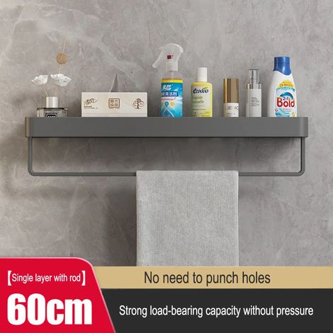 (Gris 60 cm avec tringle) Porte-serviettes mural gris sans perçage pour salle de bain et autres articles ménagers (1/5)