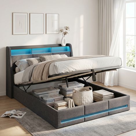 140 x 190 Lit coffre avec Sommier, Lit adult avec LED et Ports USB, Lit avec rangement, Lit capitonné, Tête de Lit capitonné, Lin Lit double, Lit 2 personnes avec Hydraulique (1/5)