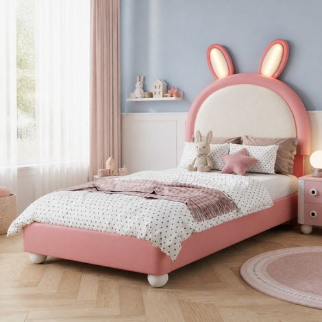 Polsterbett, Einzelbett, Kopfteil in Hasenform, Mit LED-Lichtleiste, Weiche Antikollisions-Schwammkante, Stabiler Bettrahmen, PU + Sperrholz, Rosa+Weiß, 90x200cm (1/5)