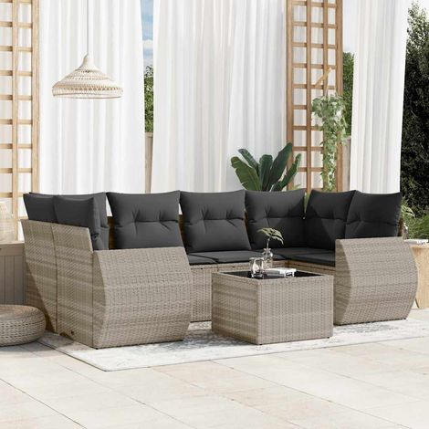 Set de sofás de jardín 7 pzas con cojines ratán PE gris claro vidaXL (1/5)