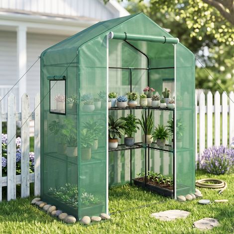 Serre de Jardin avec 2 Étagères en U – 1 Porte + 2 Fenêtres, Bâche PE, Pour Légumes Plantes (1/4)