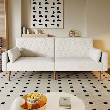 Canapé Lit 180x75cm - Rembourré en Velours - Dossier à 3 Angles Indépendants 108/135/180°- Structure Bois Massif - 2 Coussins Inclus - Beige (1/5)