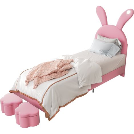 Lit rembourré 90x200 avec 2 bancs de rangement, LED de chevet, oreilles de lapin pliables et sommier à lattes, velours rose, pour chambre ado  CHICFURN (1/5)