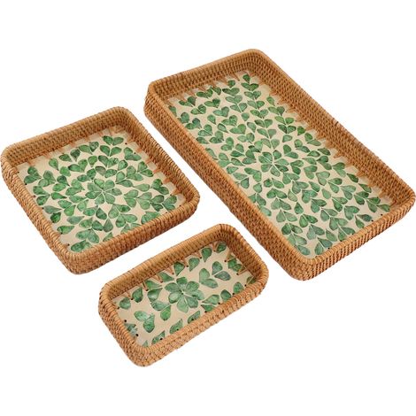Plateau à fruits en osier tressé, 3 pièces, rectangulaire, polyvalent, idéal pour la maison et le restaurant, Vert Saule (1/5)