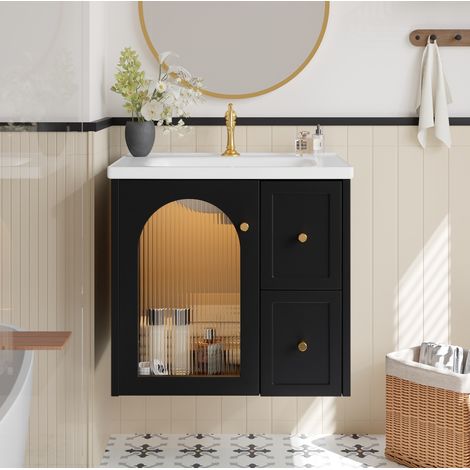 Mueble de lavabo mural con lavabo cerámico, puerta de vidrio estriado, LED, negro, 60,5 cm (1/5)