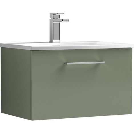 Balterley Modern Bathroom 1 Soft Close Drawer Wall Hung Vanity Unit & Curved Basin, Satin Green, 600mm
