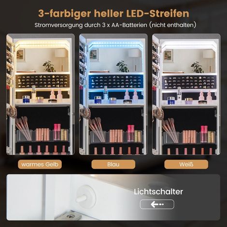 Schmuckschrank mit spiegel spiegelschrank abschliebar mit 3 farbigen led beleuchten 41 x 35 x 166 cm wei
