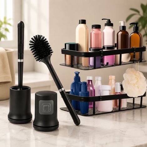 Set di accessori essenziali per il bagno moderno (2 pezzi) – Mensole da parete in alluminio con ganci e scopino in silicone (1/5)