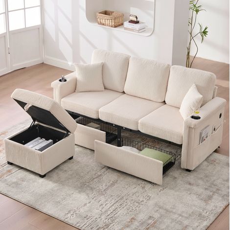 Canapé modulable velours côtelé beige LED USB OKMYHOME (1/5)
