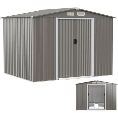 COSTWAY 8 x 6FT Galvanized Metal Garden Shed, Outdoor Lockable Tool Storage House with Foundation, Ramp, Ventilation and Sliding Door, Weatherproof Storage Shed Box (Light Grey Roof) (1/5)