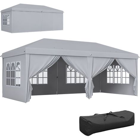 Faltbares Pop-up-Zelt (6 x 3 x 2,7 m) mit 4 abnehmbaren Seitenwänden, 4 Fenstern und einer Tragetasche in Hellgrau