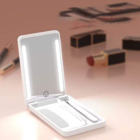 Pocket Mirror Rechargeable Travel Makeup Mirror LED Lighted Makeup Mirror with Fill Light Travel Comb Metal Eyebrow Tweezer for Travel White (1/5)