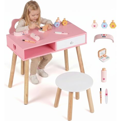 COSTWAY Coiffeuse Enfant Fille avec Chaise et Tabouret Rond, Bureau Enfant Fille avec Tiroir et 8 Accessoires, Dispositif Anti-basculement, Table de Maquillage pour 3-7 Ans, Charge 30/60kg