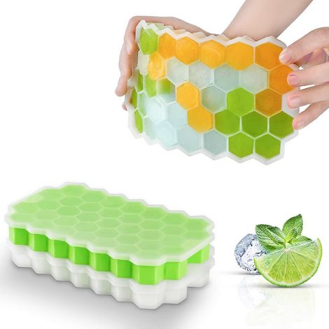 Bacs à glaçons avec couvercles, lot de 2, 74 glaçons, en silicone de qualité alimentaire avec couvercles amovibles anti-déversement (1/5)