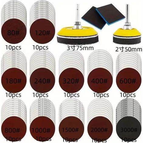 120 Pièces Disques de Ponage,Pad de 50mm 75mm avec papier a poncer à fixation,80 120 180 240 320 480 600 800 1000 1200 1500 3000 pour voiture, métal et bois (1/5)