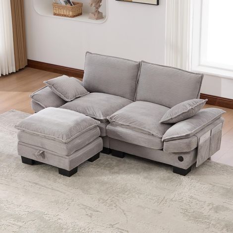 Canapé modulable en velours côtelé (avec repose-pieds) – Assise spacieuse et ergonomique avec rembourrage en mousse haute densité, port USB-C et poches latérales. Idéal pour le salon, (1/5)