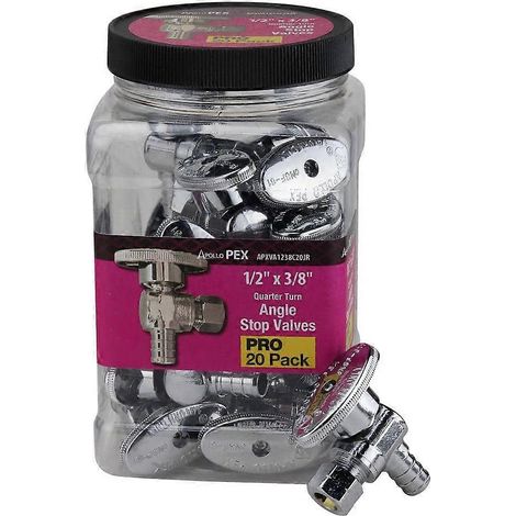 Robinet d'arrêt à quart de tour en laiton chromé, raccord cannelé PEX 1/2 po x compression 3/8 po, paquet professionnel (20 pièces) (1/5)