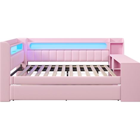 Lit de jour rembourré 140x200 cm avec lit gigogne 90x190, bureau, USB et LED, rose - HOMVRA (1/5)