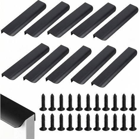 Lot de 10 Invisible Poignee de Meuble Cuisine en Aluminium, 200 mm Poignées Encastrées Affleurantes avec Vis, Poignée Meuble pour Tiroirs et Portes D’Armoire, Moderne Sans Traces, Noir Mat (1/5)