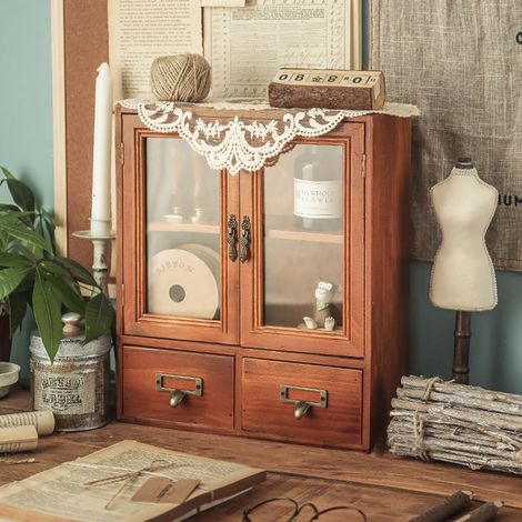 Retro Wooden Desktop Storage Organizer with Drawer (1/5)