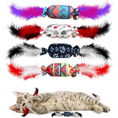 Candy Feather Bell Cat Toys,Indoor Cat Toys 4-Pack with Feathers Jingle Toy Kitten Play Kick Bite Chew Interactive Boredom Toy