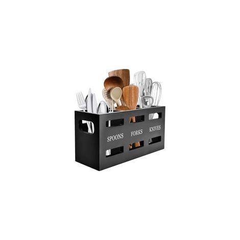 Porte Ustensiles Cuisine Organisateur Bois à 3 Compartiments, Rangement Pratique pour Couverts, Couteaux, Spatules (1/5)