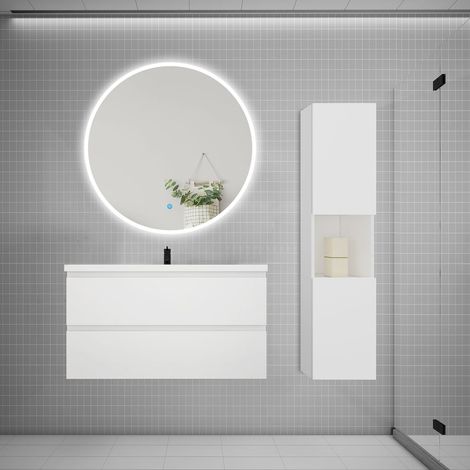 AICA Ensemble meuble vasque L.99cm 2 tiroirs + lavabo + LED miroir rond 100cm + colonne,blanc (1/5)