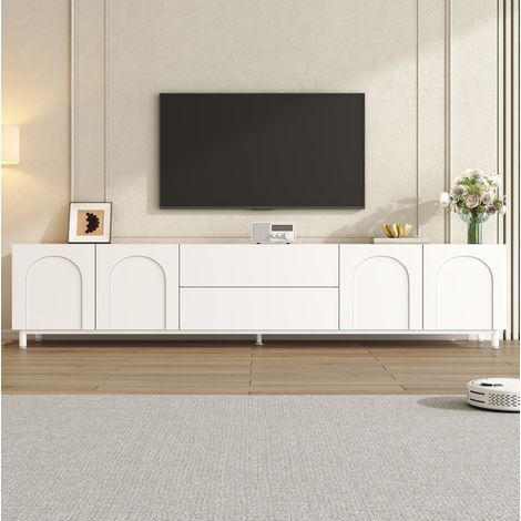 Mobile TV bianco da 180 cm con 4 ante e 2 cassetti, MDF e truciolare, gambe in acciaio (1/5)