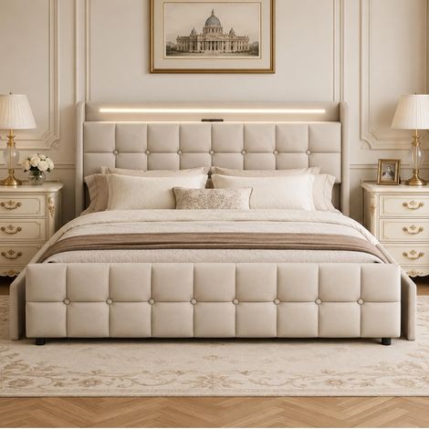 Lit 2 Places 160 x 200 cm avec Espace de Rangement, Fonction de Charge USB, Tête De Lit LED, 4 Tiroirs, Lit Capitonné 2 Personnes avec Rangement, Sommier à Lattes, sans Matelas, en Lin, Beige (1/5)