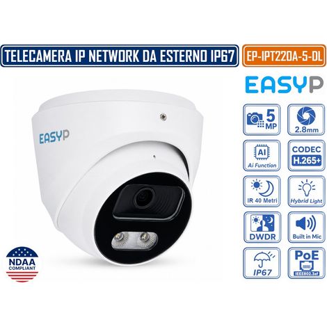 TELECAMERA TURRET IP EASY-P EP-IPT220A-5-DL 5MP CON INTELLIGENZA ARTIFICIALE, OTTICA 2.8 MM, DOPPIA ILLUMINAZIONE IR 40M E LUCE BIANCA 30M, MICROFONO, IP67, POE E P2P (1/4)