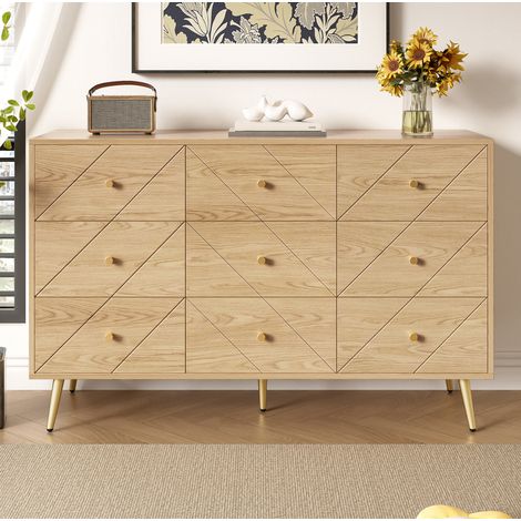 CHICFURN Cómoda de 9 cajones 120x39x80 cm en tablero de partículas natural con patas metálicas (1/5)