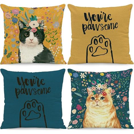 Housse de Coussin 45x45 cm Housses de Coussin Floral et Chat Griffes Taie d'oreiller Carrée en Lin Canapé Salon Chambre à Coucher (1/5)