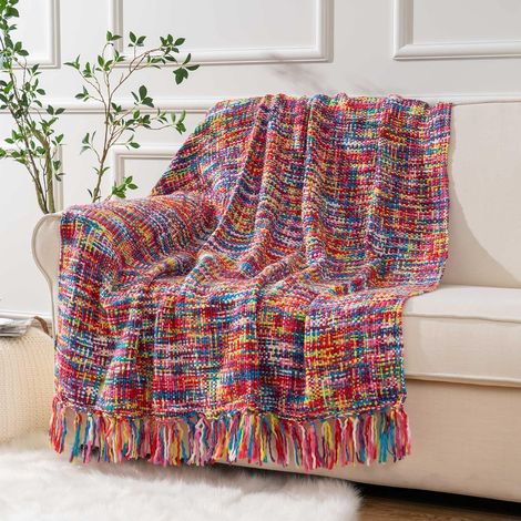 Couverture bohème colorée à franges, 127 x 152 cm, couverture de voyage décorative en tricot, couverture de sieste pour fauteuils, canapés et lits (1/5)