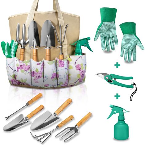 Un set di 9 attrezzi da giardinaggio, comprensivo di borsa porta attrezzi e guanti, un set di robusti attrezzi manuali da giardinaggio, un regalo ideale per le mamme appassionate di giardinaggio. (1/5)