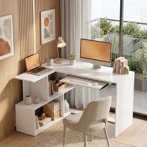 Bureau d'angle en bois blanc, table informatique avec tiroir à clavier et étagères ouvertes, meuble de travail moderne pour bureau à domicile (1/5)