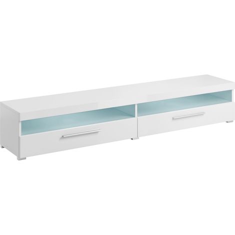 Mueble TV Torvire 111, Blanco + Blanco brillante, Número de puertas: 2, Número de cajones: 0, 200x35x40cm (1/2)