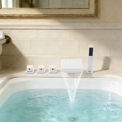 【Chauffage et ventilation】Robinet de baignoire 5 trous - Robinet de baignoire cascade - Ensemble de douche avec douchette - Avec un tuyau flexible télescopique de 1,5 mètre, blanc (1/5)
