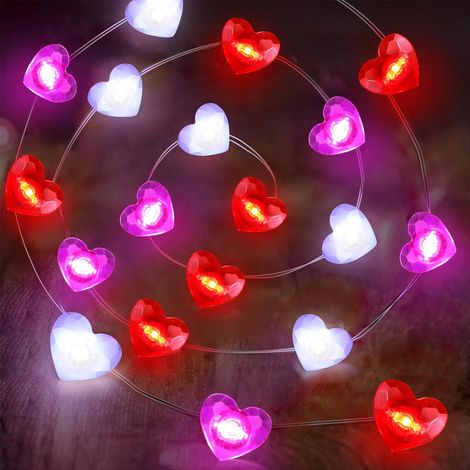 Guirlande lumineuse LED en forme de cœur, 2 m, 20 LED, rouge, blanc, violet, guirlande lumineuse en forme de cœur, à piles, pour Saint-Valentin, mariage, anniversaire, intérieur, décoration de (1/5)