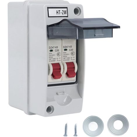 Disjoncteur miniature AC 230V/400V avec boîtier de distribution étanche, 2 disjoncteurs 6/16/20A et 20a avec boîtier étanche pour l'extérieur, MCB sur rail DIN(20A+20A) (1/5)