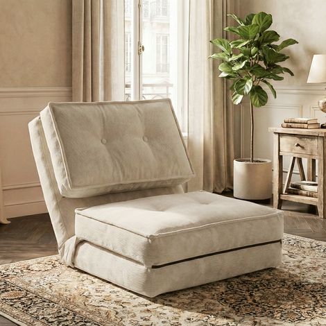 Fabulcozy Canapé Convertible 1 Place avec Dossier Réglable, Canapé Modulable pour Salon, Tissu en Velours Côtelé, Chambre ou Studio, Housse Amovible Facile à Nettoyer, 205×70×12cm, Blanc