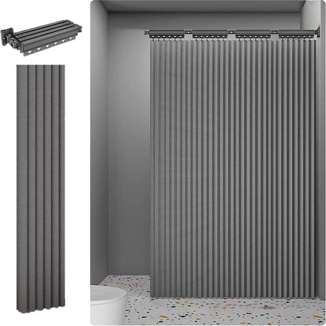 Rideau Douche Anti Moisissure，Barre de Douche Angle Sans Percage，Douche Angle Réglable/Extensible, Perforation/Collage, Rideaux de Douche Imperméable Tissu en Lin，Rangement Invisible（180x200cm） (1/5)