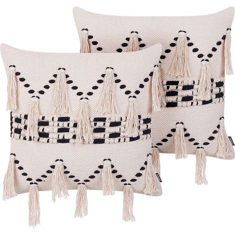 Set of 2 Decorative Cushions THONDI Cotton 45 x 45 cm Beige Striped (1/5)