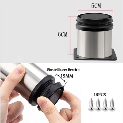 Set di 4 piedini regolabili in acciaio inox per mobili, 50x60 mm, piedini per armadi, piedini in metallo, per mobili, cucina, ufficio, gambe per tavoli, piedini per mobili, piedini per piani di lavoro (1/4)