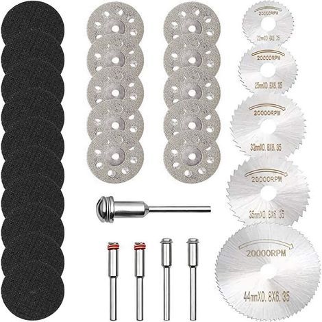 Mini Lames de Scie et de Coupe pour Outil Rotatif (Arbre 3mm) - Lot de 30 - pour Bois, Métal, Pierre et Résine - Diamant et HSS (1/3)