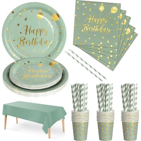121 Pcs Vert Sauge Vaisselle Jetable Anniversaire -24 invités (1/5)