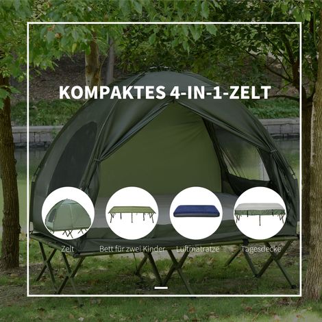 Lot de tente de camping 2 places avec lit de camp et matelas autogonflant, couleur verte